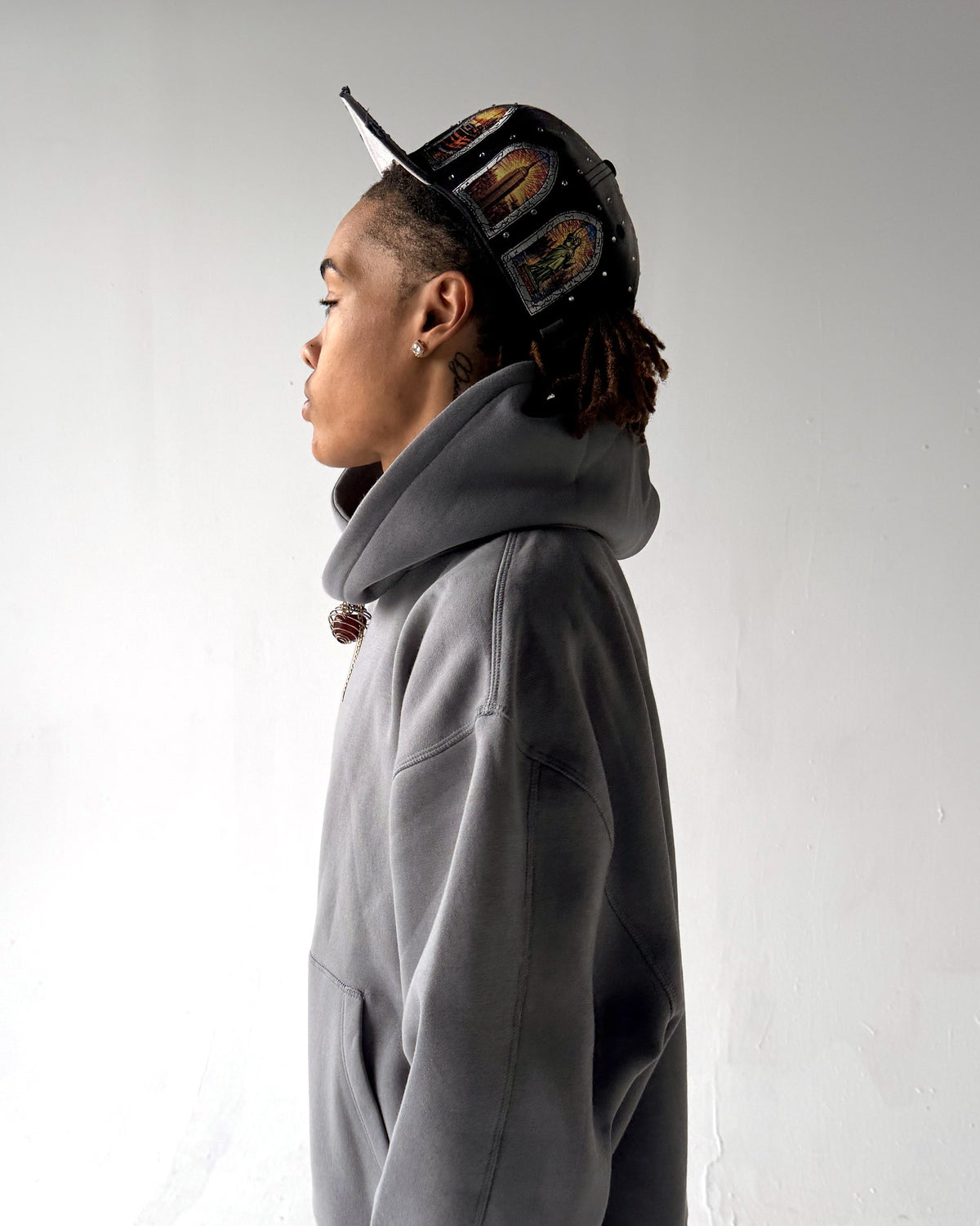 Brooklyn Classic pullover hoodie in Grey, side, on a model