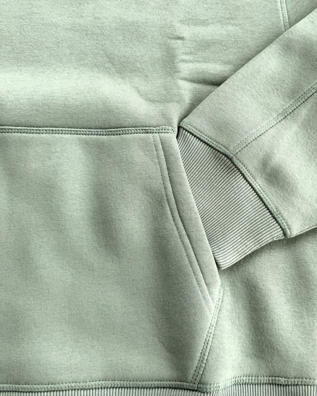 Brooklyn Classic pullover hoodie in Sage, close-up of the cuff, pocket and hem