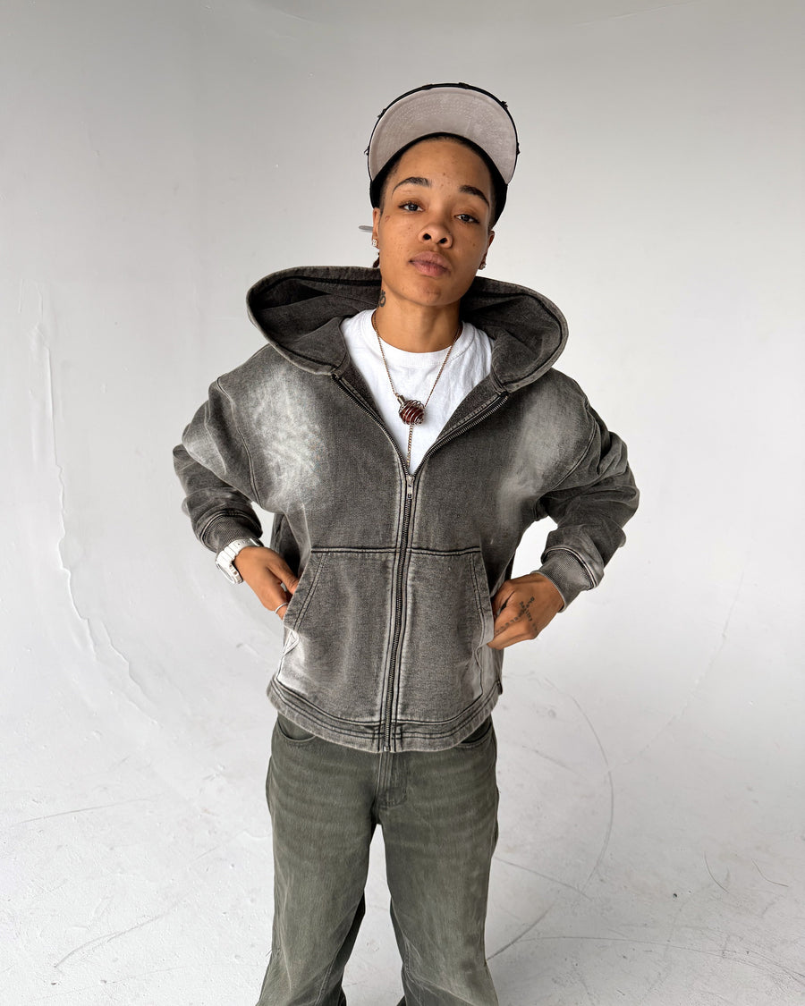 Uptown Crop cropped zip-up hoodie in Acid Wash, front, on a model