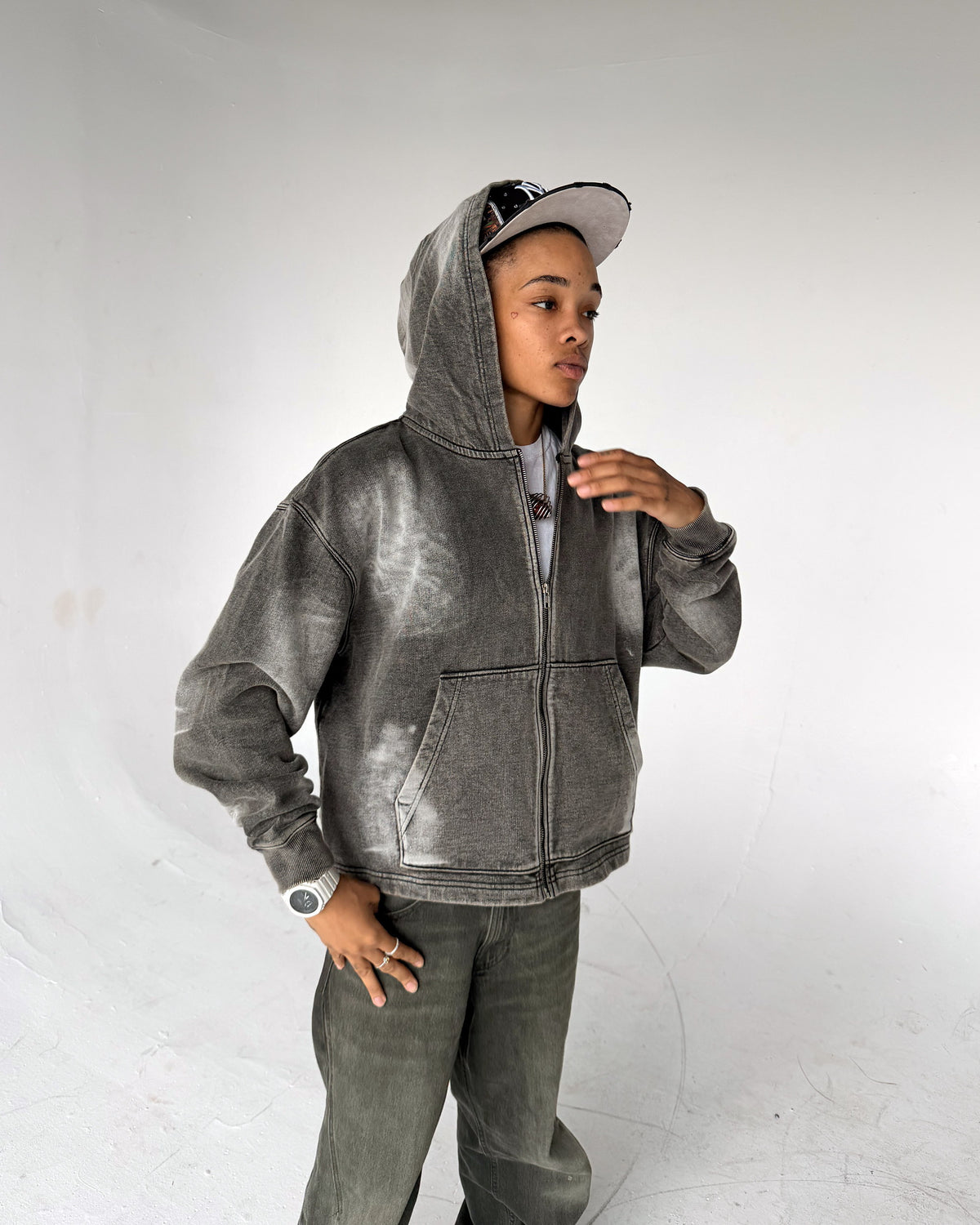 Uptown Crop cropped zip-up hoodie in Acid Wash, side, on a model