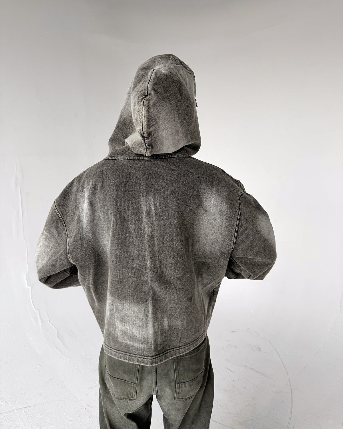 Uptown Crop cropped zip-up hoodie in Acid Wash, back, on a model