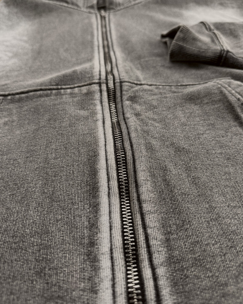 Uptown Crop cropped zip-up hoodie in Acid Wash, close-up of the zip and wash